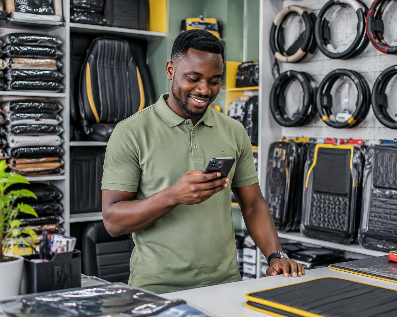 A car-accessory shop owner checking his phone at the counter