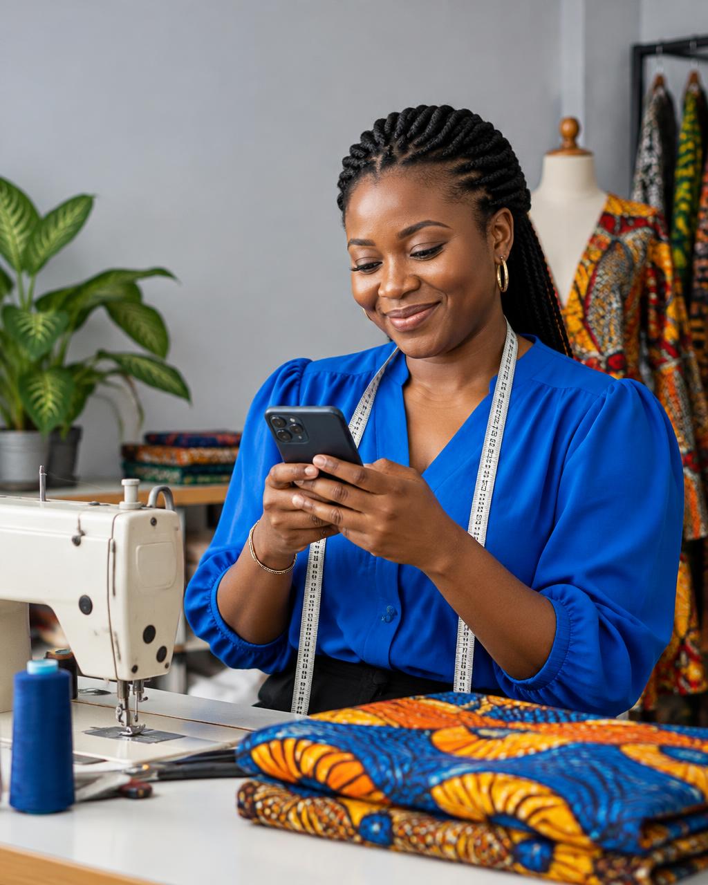 A Nigerian fashion designer checking an order in her tailoring studio